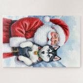 Kerstman met Siberische Husky Kerstkunst Legpuzzel (Horizontaal)