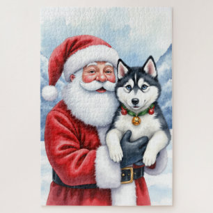 Kerstman met Siberische Husky Kerstkunst Legpuzzel
