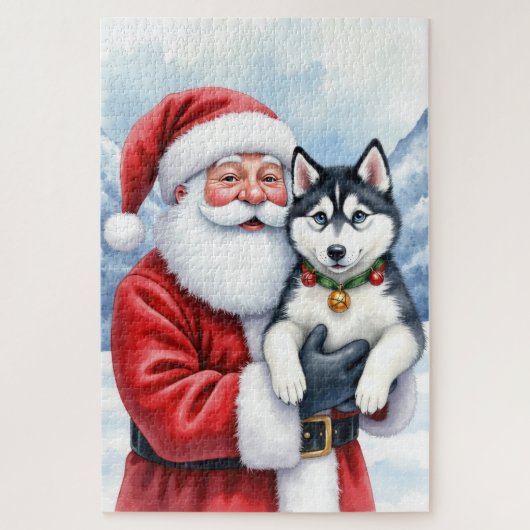 Kerstman met Siberische Husky Kerstkunst Legpuzzel (Verticaal)