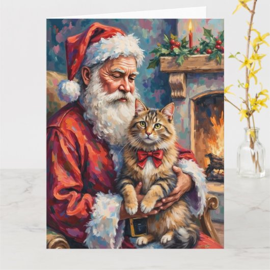 Kerstman met Siberische kat Kerst Kunst Kaart (Gele Bloem)