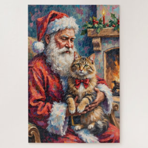 Kerstman met Siberische kat kerst kunst Legpuzzel