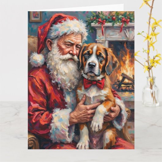 Kerstman met Sint-Bernard Kerstkunst Kaart (Gele Bloem)