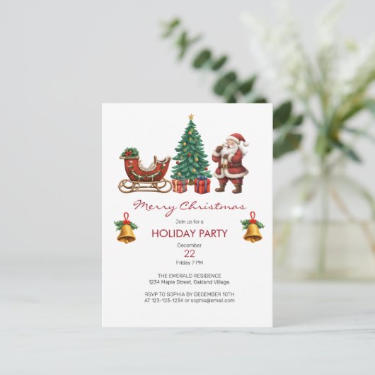  kerstman met slee & kerstfeest uitnodiging briefkaart (Staand voorkant)