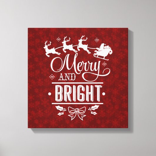 Kerstman met slee Merry And Bright schrift Canvas Afdruk (Voorkant)