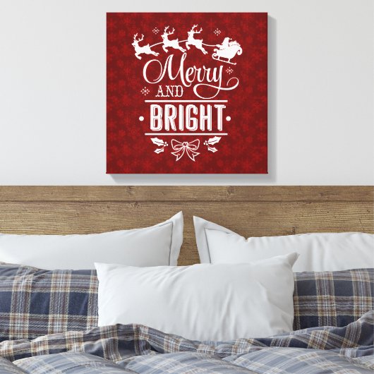 Kerstman met slee Merry And Bright schrift Canvas Afdruk (Insitu (Slaapkamer))