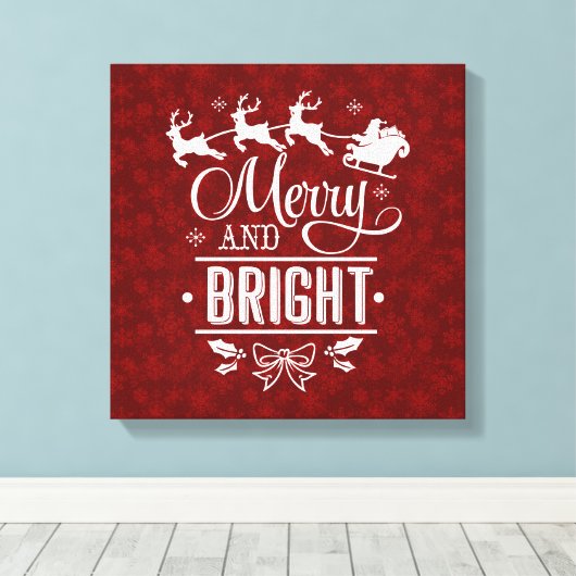 Kerstman met slee Merry And Bright schrift Canvas Afdruk (Insitu (Houten vloer))