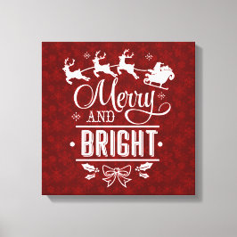 Kerstman met slee Merry And Bright schrift Canvas Afdruk