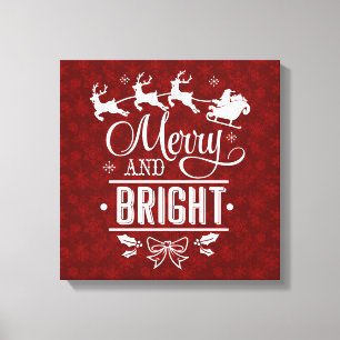 Kerstman met slee Merry And Bright schrift Canvas Afdruk