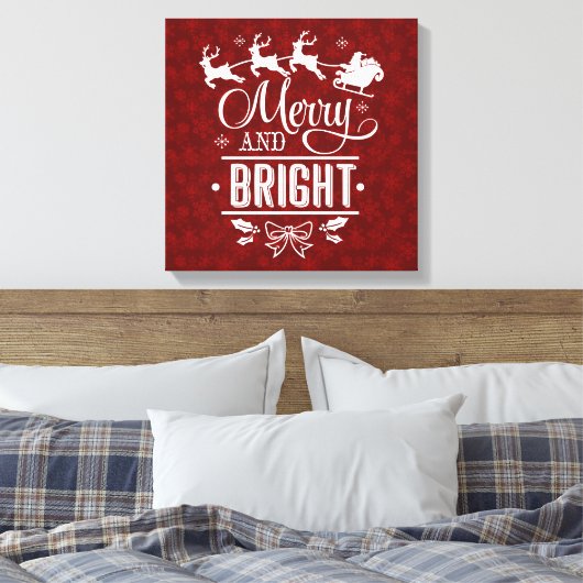 Kerstman met slee Merry And Bright schrift Canvas Afdruk (Insitu (Slaapkamer))