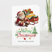 Kerstman met slee vol kerstcadeaus feestdagen kaart (Voorkant)