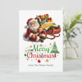 Kerstman met slee vol kerstcadeaus feestdagenkaart (Staand voorkant)