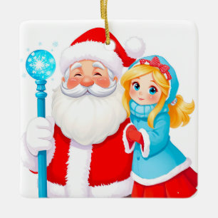 Kerstman met Sneeuwmeisje in winterkleding Keramisch Ornament