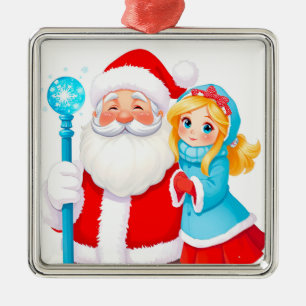 Kerstman met Sneeuwmeisje in winterkleding Metalen Ornament