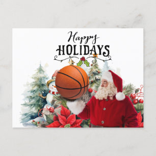 Kerstman met sneeuwpop spelend basketbal voor Kers Feestdagenkaart
