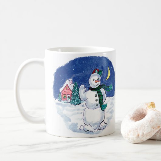 Kerstman met sneeuwpop zwaait koffiemok (Met donut)