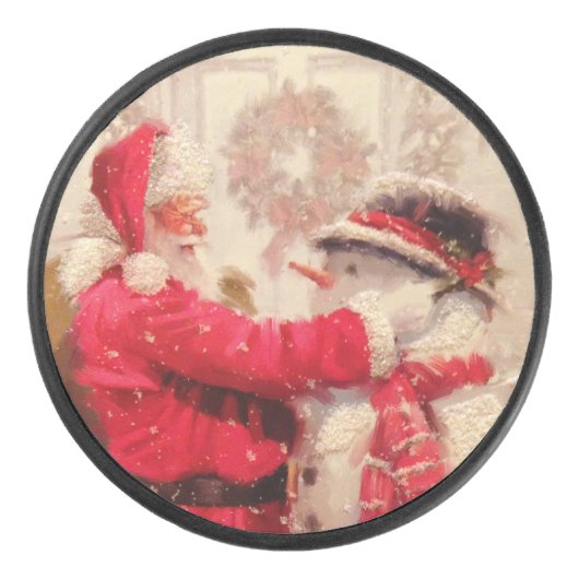 kerstman met Snowman | FEESTDAGEN Hockey Puck (Voorkant)
