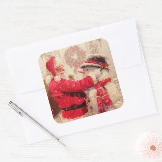  kerstman met Snowman Vierkante Sticker (Envelop)