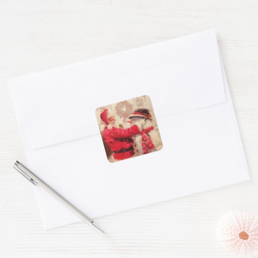 kerstman met Snowman Vierkante Sticker (Envelop)