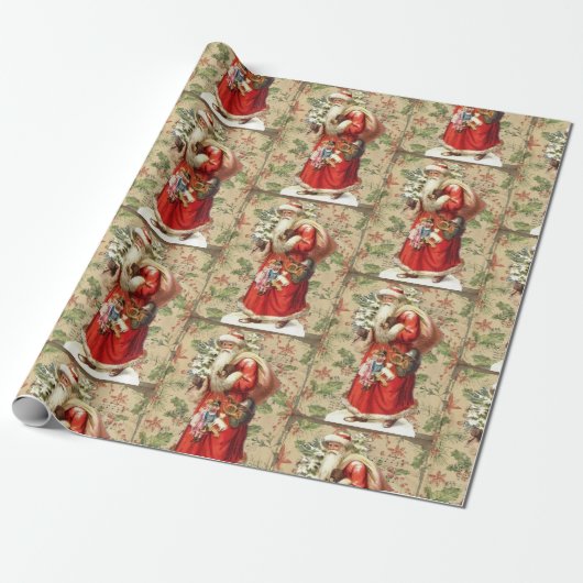  kerstman met speelgoed en kerstboom cadeaupapier (Uitgerold)