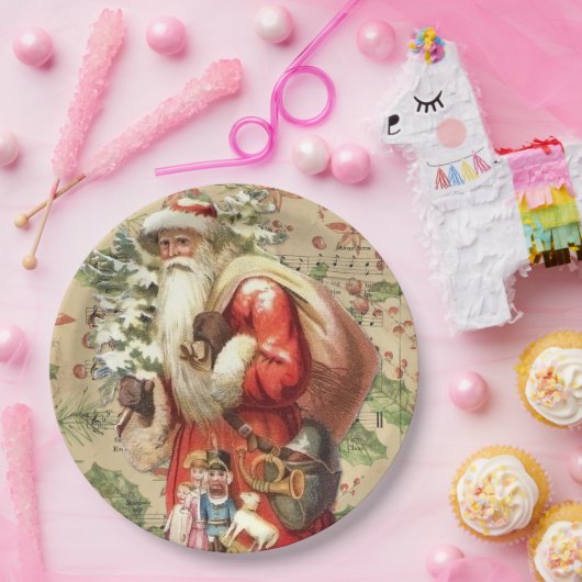  kerstman met speelgoed en kerstboom papieren bordje (Feest)