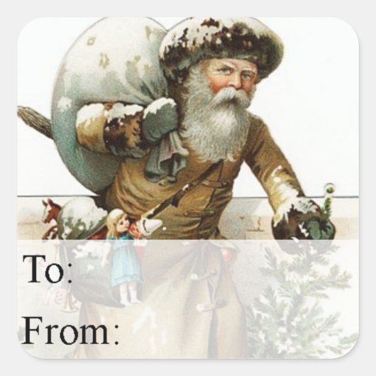  kerstman met speelgoed en Label van de Boom (Voorkant)