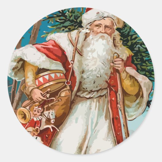 kerstman met speelgoed ronde sticker (Voorkant)