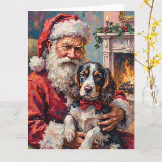 Kerstman met Springer Spaniel Kerst Kunst Kaart (Gele Bloem)