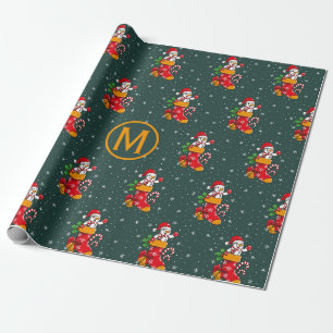 Kerstman met suikerstokpatroon en monogram Kerstmi Cadeaupapier