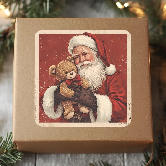 Kerstman met teddybeer Kerst- Vierkante Sticker