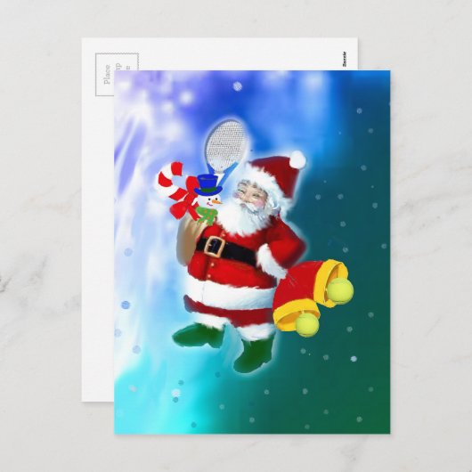 Kerstman met tennisracket en klokken feestdagenkaart (Voorkant / Achterkant)