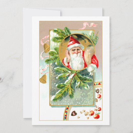 kerstman met traktaties en met sneeuw bedekte den feestdagenkaart (Voorkant)