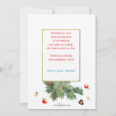 kerstman met traktaties en met sneeuw bedekte den feestdagenkaart (Achterkant)