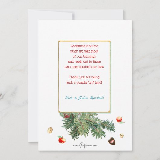  kerstman met traktaties en met sneeuw bedekte den feestdagenkaart (Achterkant)