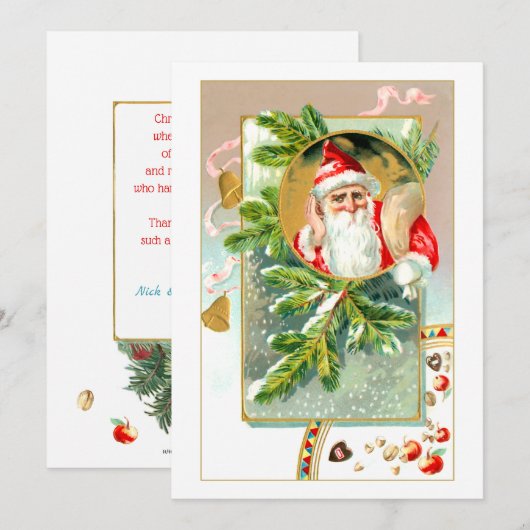 kerstman met traktaties en met sneeuw bedekte den feestdagenkaart (Voorkant / Achterkant)