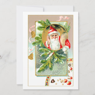 kerstman met traktaties en met sneeuw bedekte den feestdagenkaart