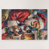 Kerstman met Tuxedo-kat Kerstkunst Legpuzzel (Horizontaal)
