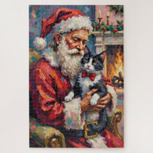 Kerstman met Tuxedo-kat Kerstkunst Legpuzzel
