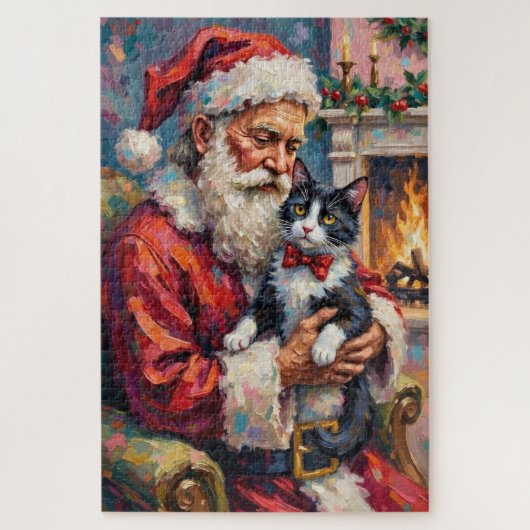 Kerstman met Tuxedo-kat Kerstkunst Legpuzzel (Verticaal)