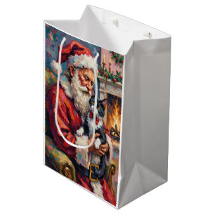 Kerstman met Tuxedo-kat Kerstkunst Medium Cadeauzakje
