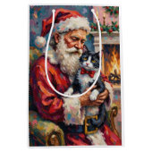 Kerstman met Tuxedo-kat Kerstkunst Medium Cadeauzakje (Voorkant)