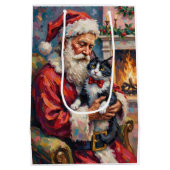 Kerstman met Tuxedo-kat Kerstkunst Medium Cadeauzakje (Achterkant)