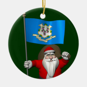 Kerstman met vaandel van Connecticut Keramisch Ornament