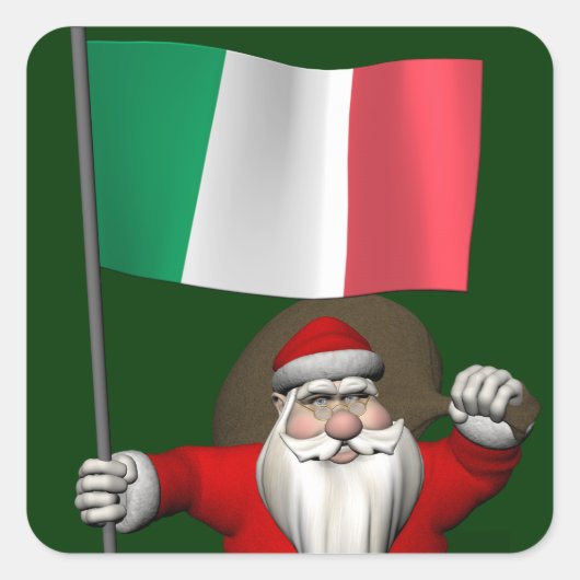 Kerstman met vaandel van Italië Vierkante Sticker (Voorkant)