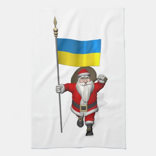 Kerstman met vaandel van Oekraïne Theedoek (Verticaal)