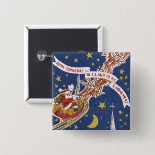 Kerstman met vliegende rendieren in vintage stijl vierkante button 5,1 cm