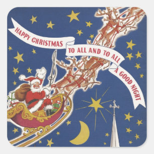 Kerstman met vliegende rendieren in vintage stijl vierkante sticker