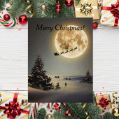  kerstman met volle maan vliegend rendier feestdagenkaart