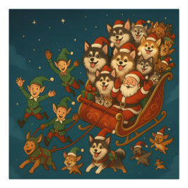 Kerstman met vrolijke honden en elfen! foto afdruk