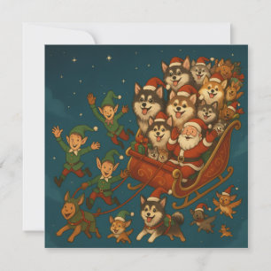 Kerstman met vrolijke honden en elfen! kaart