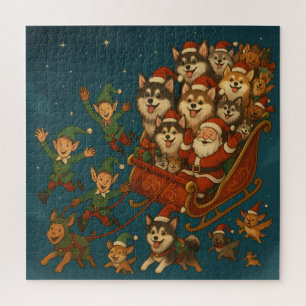Kerstman met vrolijke honden en elfen! legpuzzel